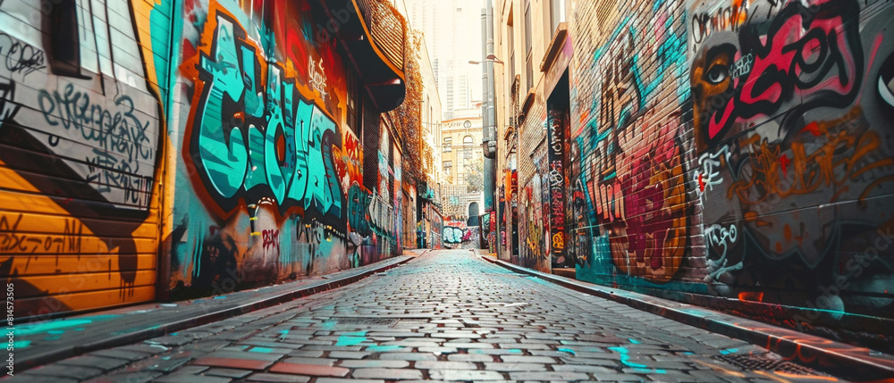 Sprawling urban alley adorned with vibrant street art and graffiti, filled with colorful creativity.