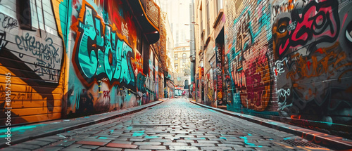 Sprawling urban alley adorned with vibrant street art and graffiti, filled with colorful creativity. © Szalai