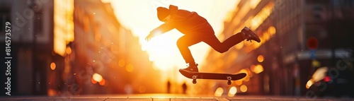 Olympic Paris Skateboarder performing a trick on a city street at sunset, board in midair, hyperrealistic, dramatically backlit by the setting sun photo