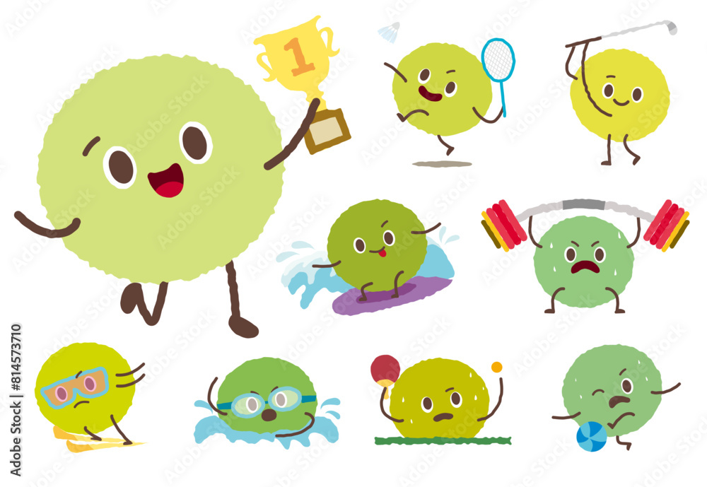 Cute athlete hand holding championship cup. Abstract circle athletic character exercise sport activity vector. Variety of competition training. Weightlifting, badminton, surfing, golf, ski jumping, sw Cute athlete hand holding championship cup. Abstract circle athletic character exercise sport activity vector. Variety of competition training. Weightlifting, badminton, surfing, golf, ski jumping, sw