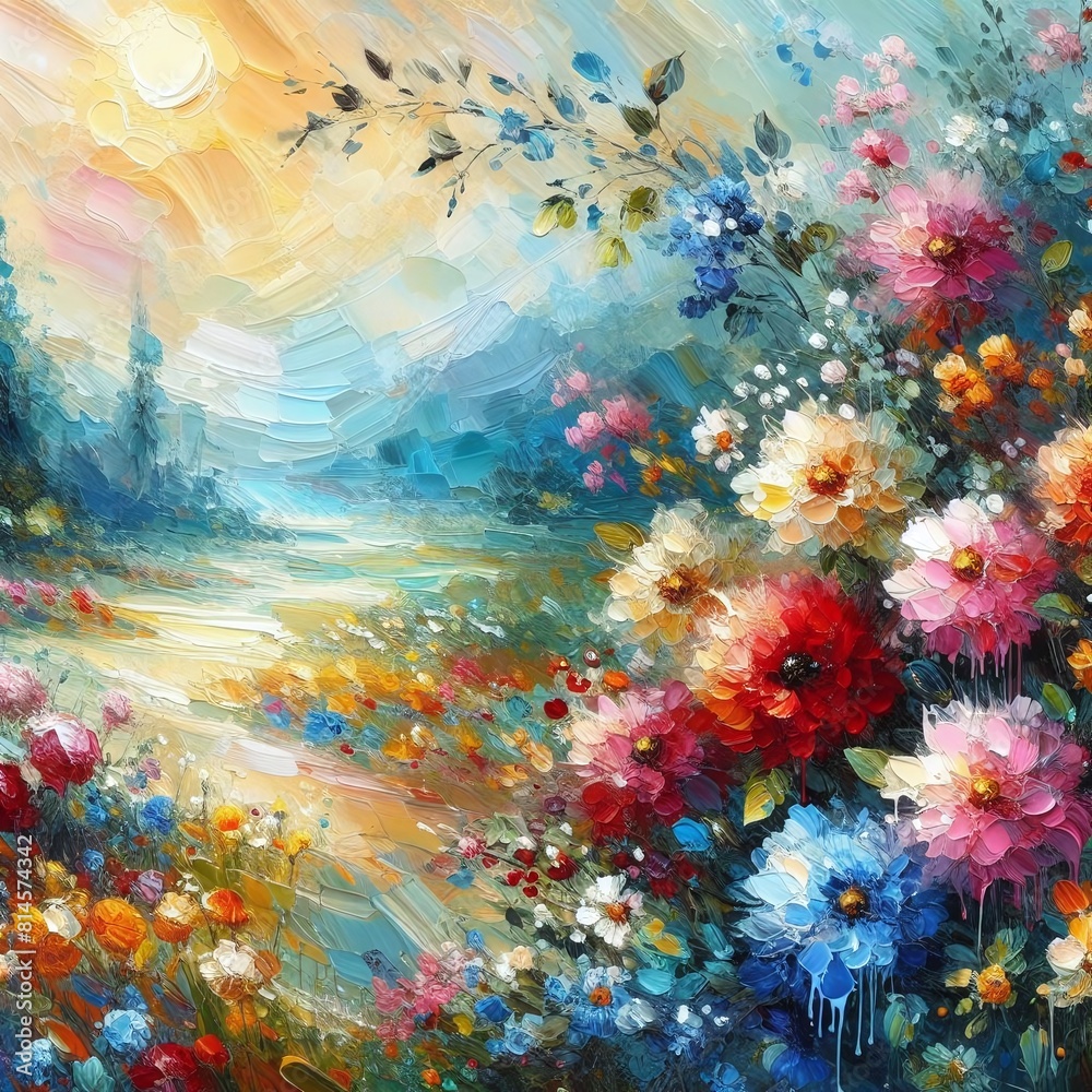 Oil painting flowers landscape background, abstract flowers made from oil paint splashes summer landscape, impressionism style illustration