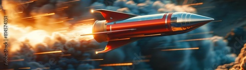 Rocket in midlaunch, the landscape blurring past as it climbs, hyperrealistic, with dynamic side lighting emphasizing speed