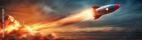 Rocket in midlaunch, the landscape blurring past as it climbs, hyperrealistic, with dynamic side lighting emphasizing speed photo