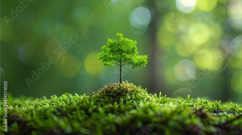 A small tree growing on moss in the forest, with a green background and bokeh effect. A green nature concept for environment and ecology protection,Generative AI illustration.