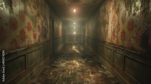 A ghostly corridor in an old hotel  with faded wallpaper and a dim  eerie glow emanating from the far end  hinting at something sinister.