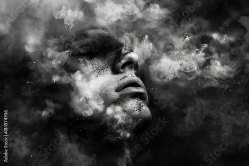 artistic black and white portrait of a man engulfed in smoke and dust dramatic generative illustration