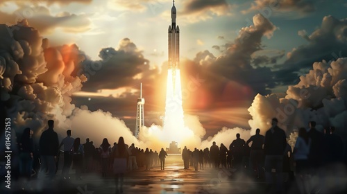 Side view of a rocket launch, the landscape and spectators all in motion blur, hyperrealistic, with highcontrast lighting from multiple angles photo