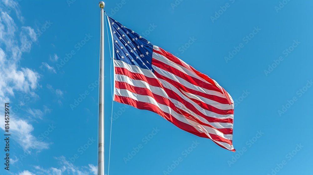 A vibrant American flag billows in the wind against a clear blue sky, symbolizing freedom and patriotism.