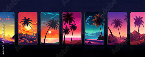 Tropical beach landscapes with palm trees, beach, moon on mobile phone screen. Vivid retrowave synthwave vaporwave wallpaper for party poster. Travel concept. Electronic retro music cover photo
