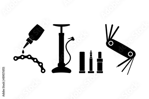 Set of bike tools. Bike pump and tire valves, chain oil and multi-tool for cyclists.