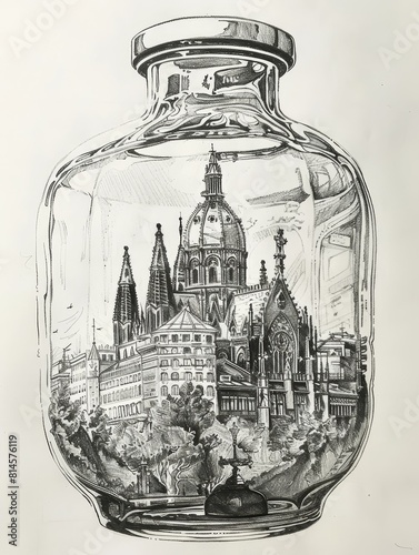 Colorful Drawing of Barcelonas Landmarks Captured Within a Vibrant Jar photo