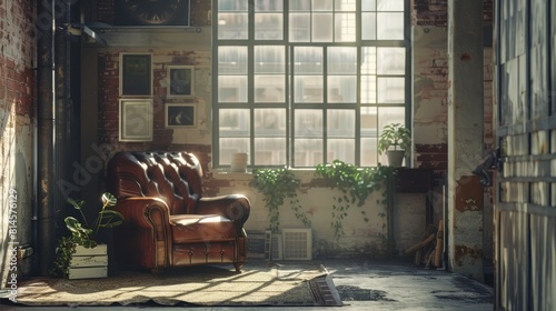 Cozy and Inviting Rustic Loft Interior with Vintage Leather Armchair and Natural Accents