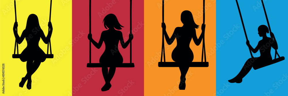 swing silhouettes, women swinging on colorful backgrounds, playful, joyful. girl on swing vector illustration swing silhouettes, women swinging on colorful backgrounds, playful, joyful. girl on swing vector illustration