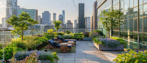 Lush urban rooftop garden oasis with vibrant greenery overlooking cityscape, creating a peaceful sanctuary. photo