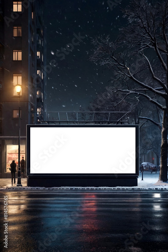 Big blank advertising mockup billboard in winter city road with light, ad banner. Promo poster mock-up in urban street, template for your text. Presentation board, large screen display. Copy ad space