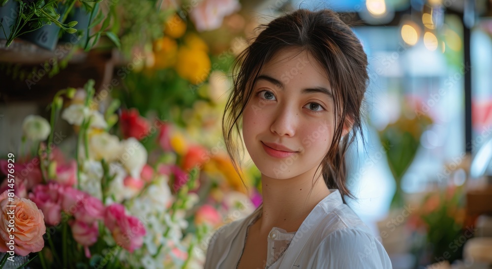 Woman Standing in Front of Bouquet of Flowers Woman Standing in Front of Bouquet of Flowers