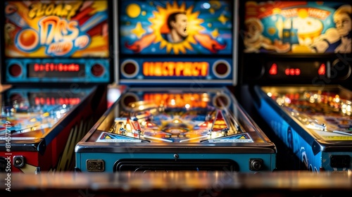 Row of classic pinball machines in an arcade, featuring vintage designs and colorful lights photo