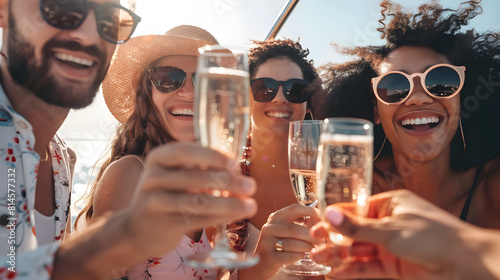 A group of happy friends drinking champagne on a yacht in the open sea. The concept of summer vacation, vacation at the resort.
