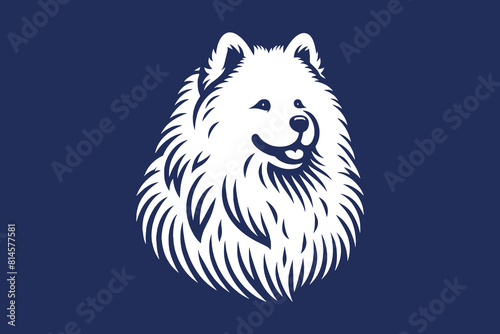 Samoyed dog. Bjelkier.  Engraving vector illustration, logo, icon, emblem. White on blue. Shape and outline. Print