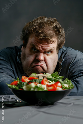 Very fat man looking at vegetable salad with disgust on isolated background. Weight loss  diet and willpower training concept