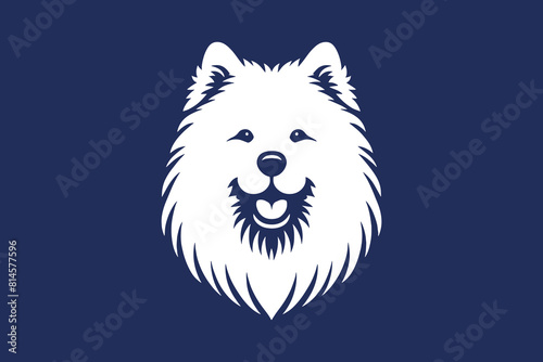 Samoyed dog. Bjelkier.  Engraving vector illustration, logo, icon, emblem. White on blue. Shape and outline. Print