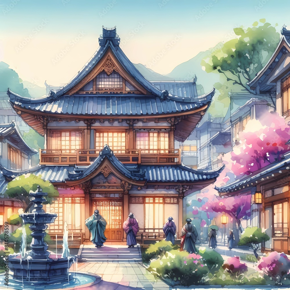 watercolor painting - japanese temple