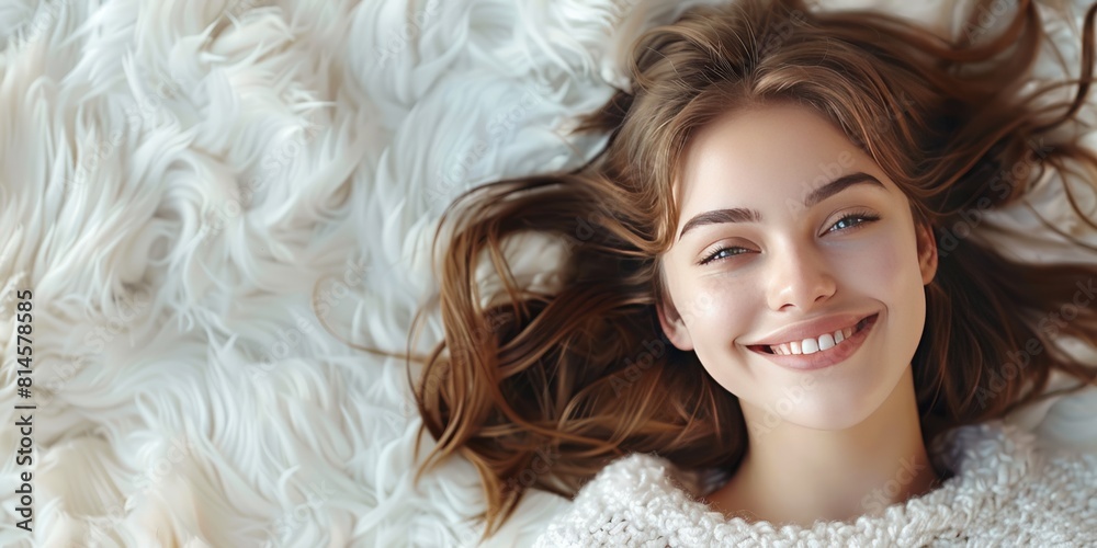 Joyful woman lying on a fluffy white surface with a bright smile Joyful woman lying on a fluffy white surface with a bright smile