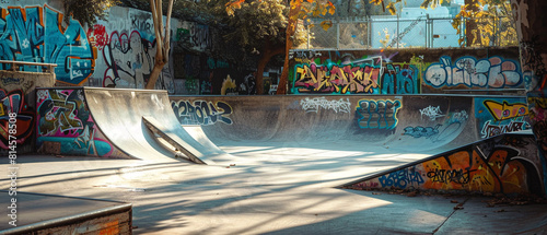 Colorful graffiti art covers ramps in urban skate park, captured in bright sunlight, with clear blue sky.