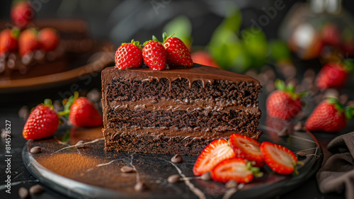 Chocolate cake with strawberries on plate © SashaMagic