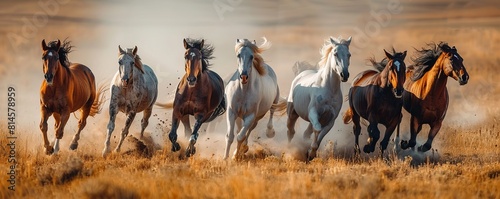 Pack of wild horses running and kicking up dust in a Montana desert ranch