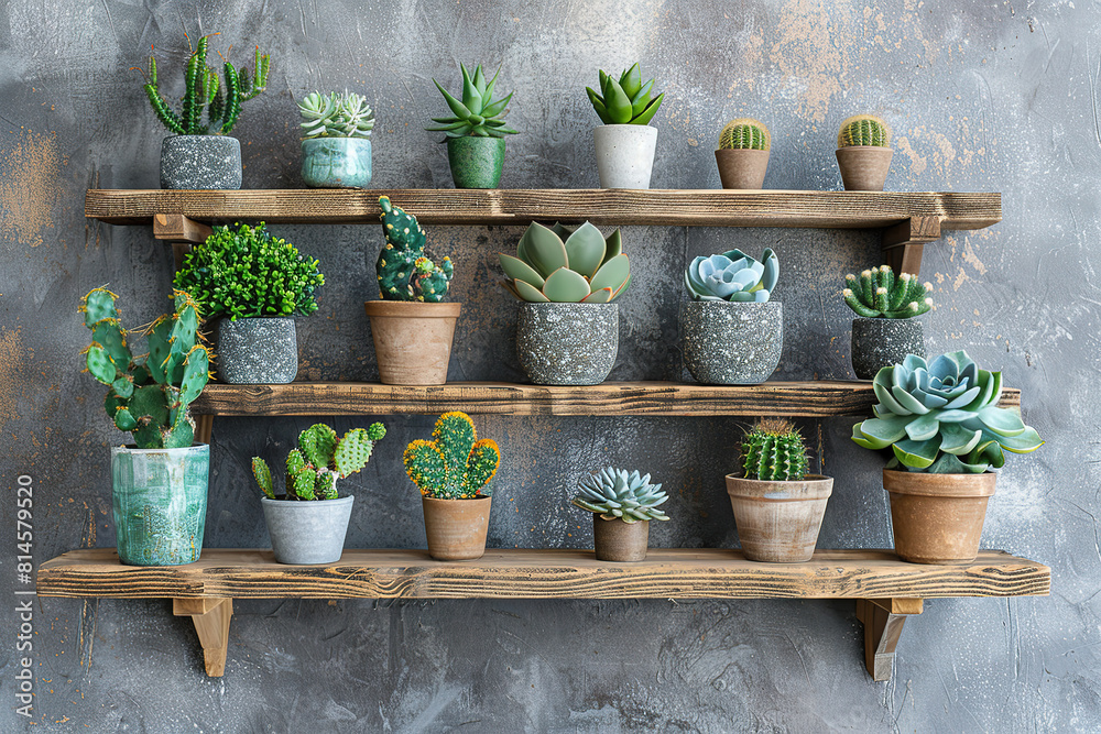 Home interior design room decor with mini potted plants cactus and succulent plants on wooden shelf on concrete wall loft with empty copy space Home interior design room decor with mini potted plants cactus and succulent plants on wooden shelf on concrete wall loft with empty copy space