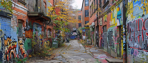 Colorful graffiti covers walls in urban street scene filled with vibrant energy and creativity.