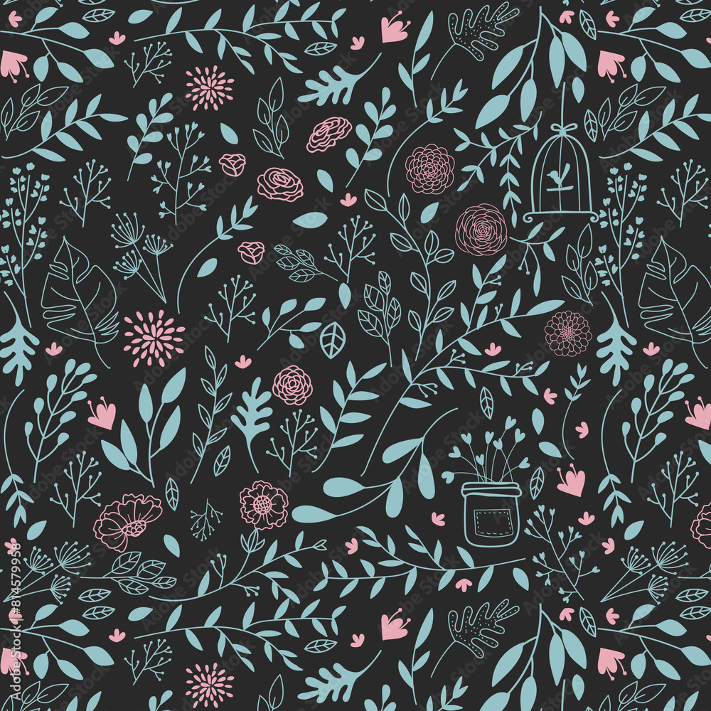 Wildflower seamless pattern with outline florals. Retro style print ...