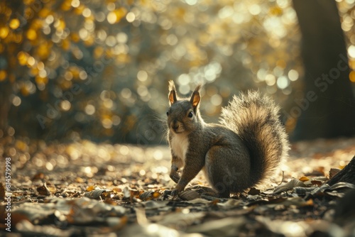 Feisty squirrel roaming through the woods photo