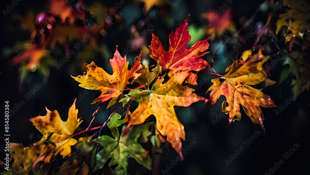 Autumn background. bright yellow-orange fallen maple leaves in dark blue background. autumn atmosphere image. symbol of fall season Autumn background. bright yellow-orange fallen maple leaves in dark blue background. autumn atmosphere image. symbol of fall season