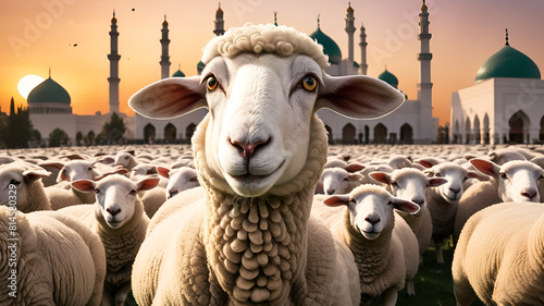 Eid mubarak traditional arabian festival Eid Al Adha background with  a group of sheeps in front of the mosque
