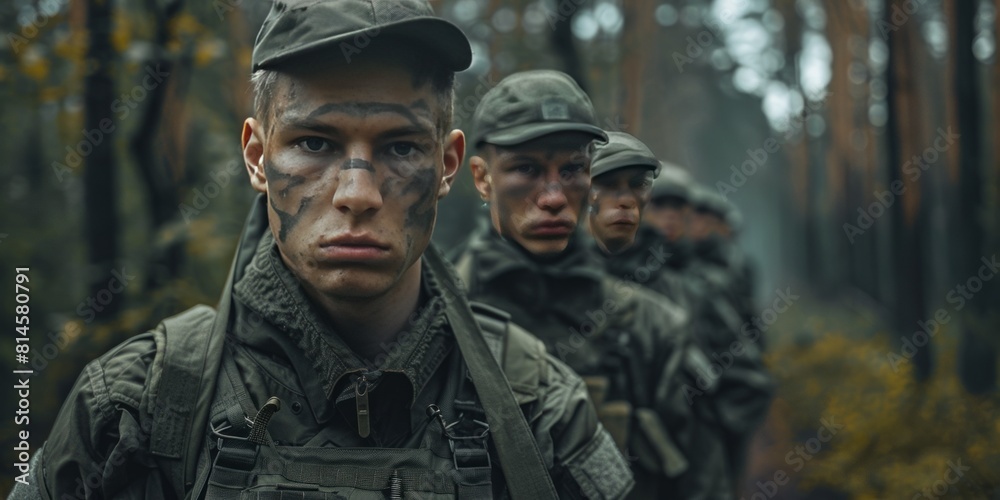 group of emotionless young soldiers in military uniform standing in a forest and looking at camera group of emotionless young soldiers in military uniform standing in a forest and looking at camera