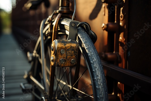 Secure bike lock connecting an antique bicycle to a modern steel structure, contrast of old and new photo