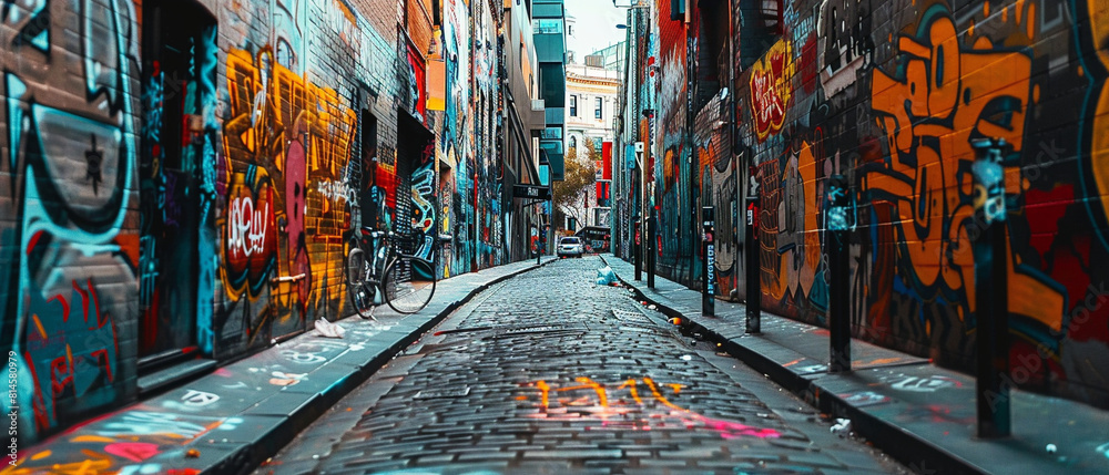 Colorful graffiti covers walls of urban street, creating a vibrant and artistic scene in city.