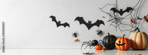 Halloween Extravaganza, Enchanting Night Sky & Pumpkin Set in Papercut Style -
 Vector Illustrations Featuring Full Moon, Witch's Cauldron, Spider Webs & Bats.
 Ideal for Posters & Brochures with Cust photo