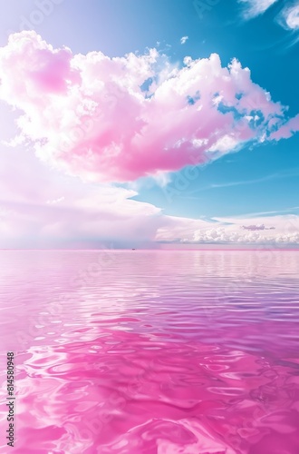 Pink lake with blue sky, white and pink clouds photo