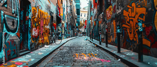 Colorful graffiti covers walls of urban street, creating a vibrant and artistic scene in city. © Szalai