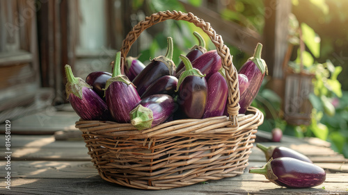 A basket of eggplants on a wooden table