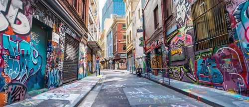 Gritty urban environment, with vibrant graffiti-covered walls creating a colorful and lively street scene. © Szalai