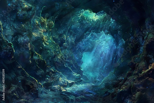 ethereal underwater world bioluminescent algae illuminating deepsea gorges and tunnels digital painting photo