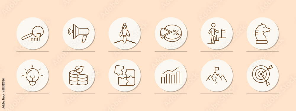 Startup icon set. Loudspeaker, magnifying glass, statistics, graphs, rocket, percentage, diagram, path to goal, strategy, saving money, puzzle, task, right on target. Commercial project concept. Startup icon set. Loudspeaker, magnifying glass, statistics, graphs, rocket, percentage, diagram, path to goal, strategy, saving money, puzzle, task, right on target. Commercial project concept.
