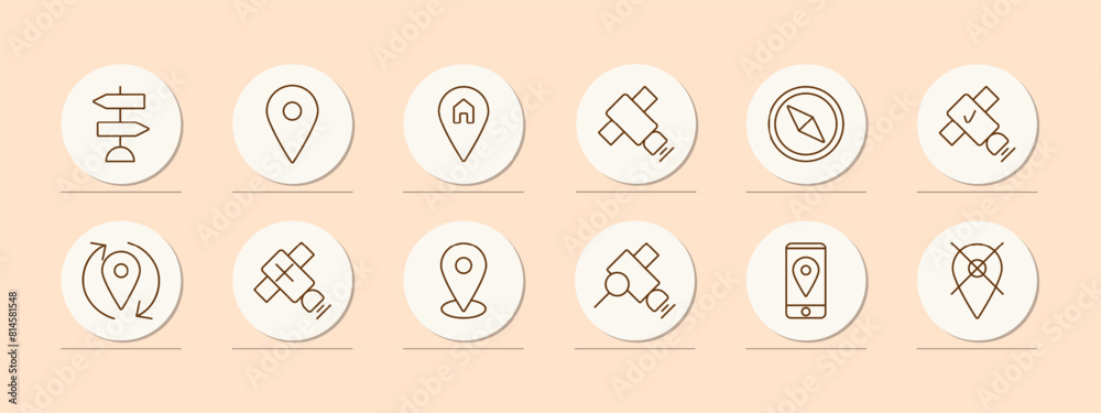 GPS set icon. Pointer, location, house, satellite, signal, compass, north, south, east, west, orientation, search area, maps in phone, prohibition. Search position concept. GPS set icon. Pointer, location, house, satellite, signal, compass, north, south, east, west, orientation, search area, maps in phone, prohibition. Search position concept.
