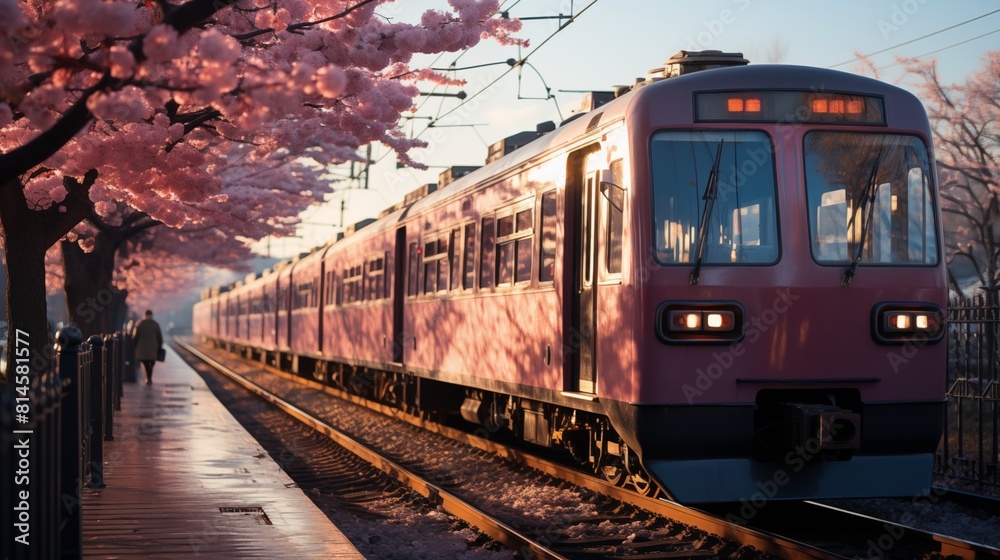 Obraz premium Pink train moves through cherry blossom-lined path image. Urban transit photography wallpaper. Eco-friendly transport picture scene realistic. Rail journey concept photorealistic photo