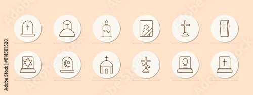 Funeral set icon. Grave, cross, Christianity, faith, burial, mound, candle, flame, portrait, ritual photo on monument, coffin, Turkish funeral traditions, temple, funeral slab. Obsequies concept.