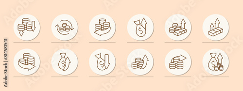 Money set icon. Coins, arrows, profits, losses, financial cycle, deposit, investment, increasing profits, bullion, dollar, bank transfer, large amount of money. Working with money concept.